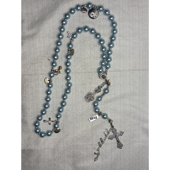 Blue Pearl Religious Rosary Necklace Charm Accents Mother Pray Crown Cross Angel - Picture 10 of 10